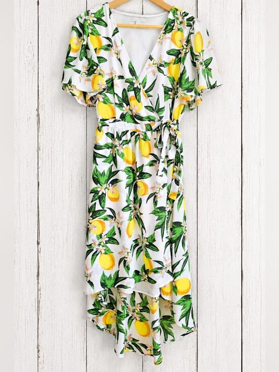 New York & Company Dresses & Skirts - New York & Company Lemon Print Wrap High Low Dress Size XS